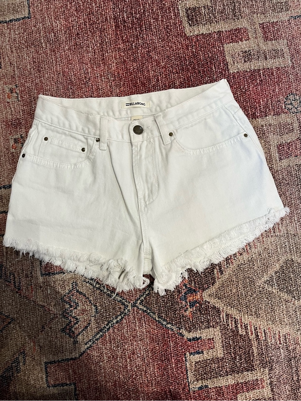 Billabong white denim 2 inch inseam shorts frayed hem like new size 26/2